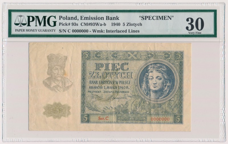 5 złotych 1940 - WZÓR - Ser.C 0000000
 Wszelkie wzory banknotów okupacyjnych na...