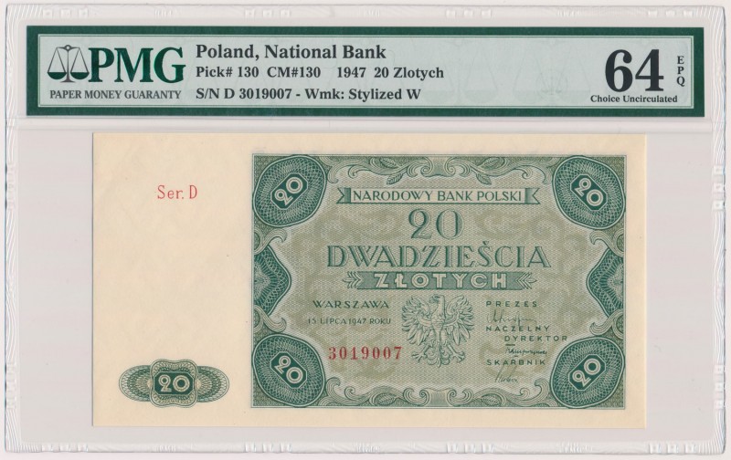 20 złotych 1947 - Ser.D
 
Reference: Miłczak 130
Grade: PMG 64 EPQ 

 POLAN...