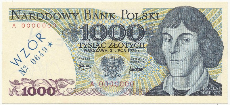 1.000 złotych 1975 - WZÓR - A 0000000 - No.0649
 Ukośne, lekkie złamanie na lew...