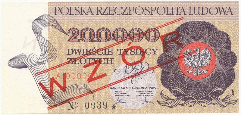 200.000 złotych 1989 - WZÓR - A 0000000 - No.0939
 
Reference: Miłczak 177Wa
...