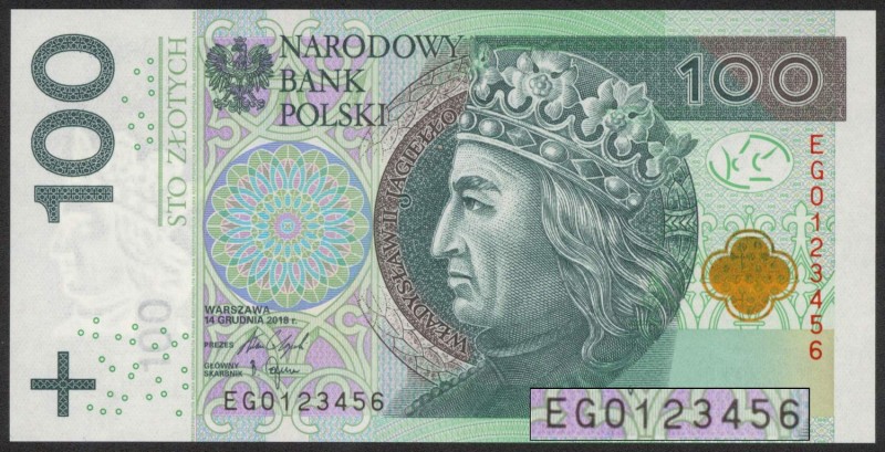 100 zł 2018 EG - 0123456
 
Grade: UNC 

 POLAND POLEN