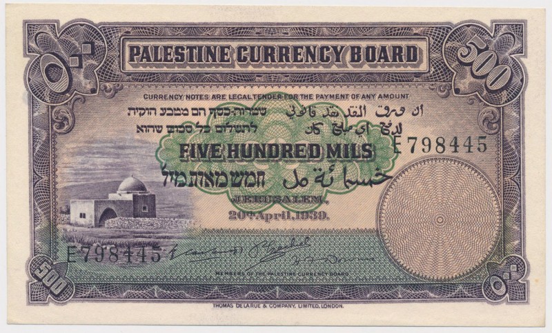 Palestine 500 Mils 1939
Palestyna, 500 Mils 1939
 Single crease at center. Oth...