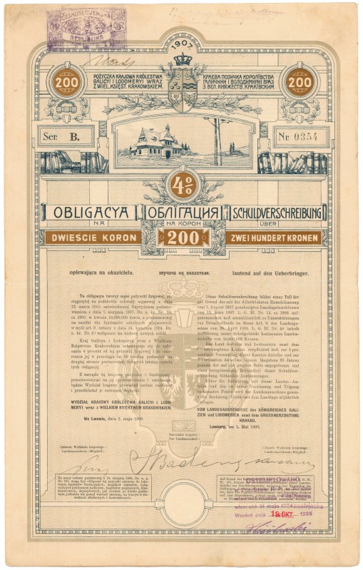 Lwów, Poż. Królestwa Galicyi i Lodomeryi..., Obligacja 200 kr 1908
 

 POLAND...