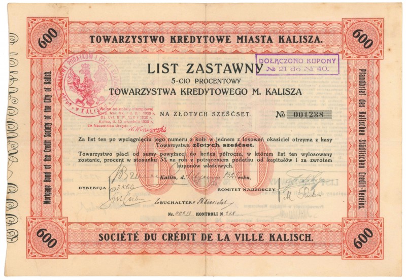 Kalisz, TKM, List zastawny 600 zł 1925
 

 POLAND POLEN