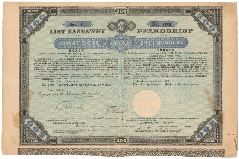 Lwów, Galicyjskie TKZ, List zastawny 200 kr 1893
 

 POLAND POLEN