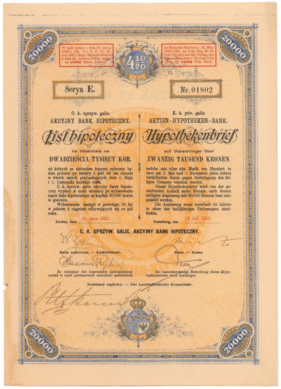 Lwów, Akc. Bank Hipoteczny, 4.5% List hipoteczny 20.000 kr 1921
 

 POLAND PO...