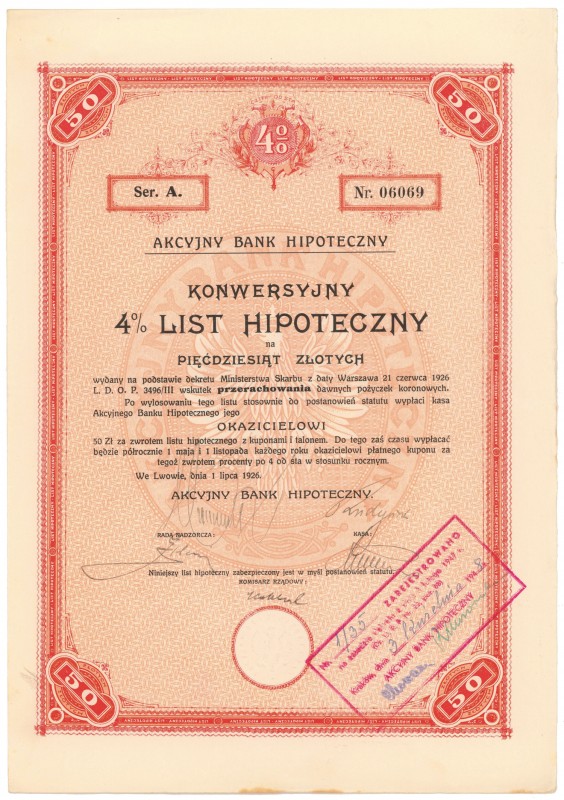 Lwów, Akc. Bank Hipoteczny, 4% List hipoteczny 50 zł 1926
 

 POLAND POLEN