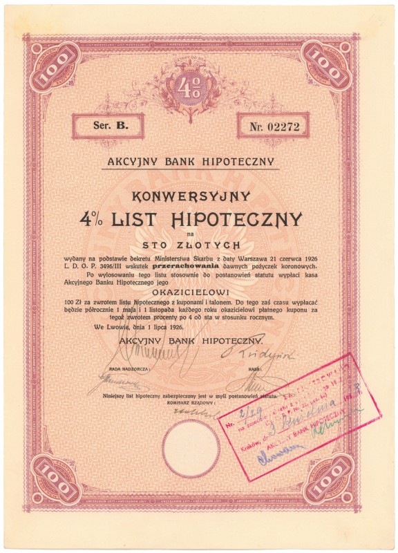 Lwów, Akc. Bank Hipoteczny, 4% List hipoteczny 100 zł 1926
 

 POLAND POLEN