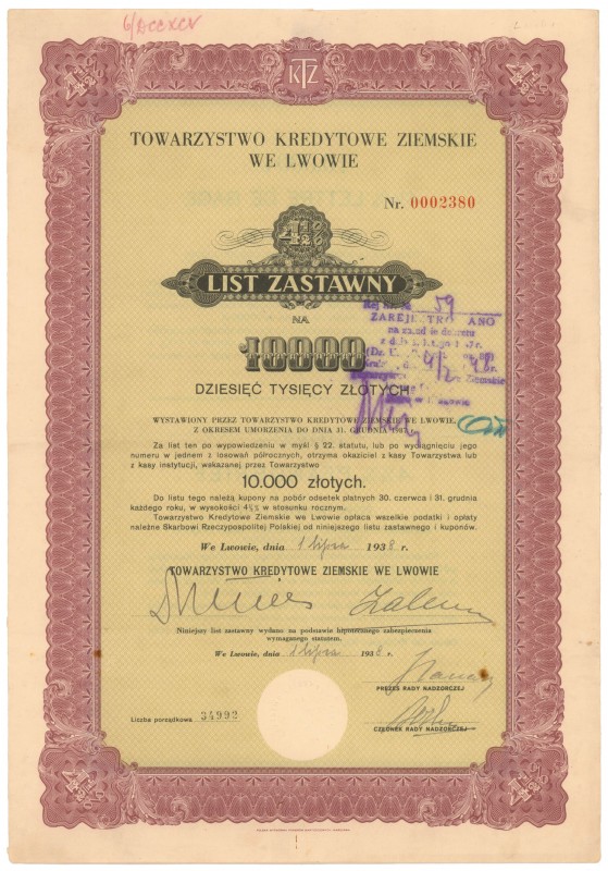 Lwów, TKZ, List zastawny 10.000 zł 1938
 

 POLAND POLEN