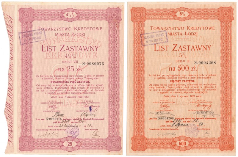 Łódź, TKM, Listy zastawne 25 i 500 zł 1925 (2szt)
 

 POLAND POLEN