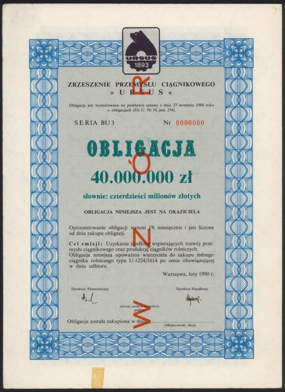 Zrzeszenie Przemysłu Ciągnikowego 'Ursus', WZÓR obligacji 40 mln zł 1990