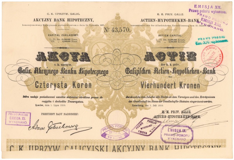 Akcyjny Bank Hipoteczny, Em.7, 400 kr 1910
 
Reference: IBAP #1122, Koziorowsk...