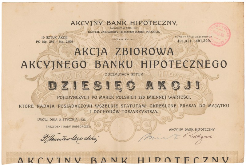 Akcyjny Bank Hipoteczny, 10x 280 mkp 1922
 
Reference: IBAP - nienotowana, Koz...