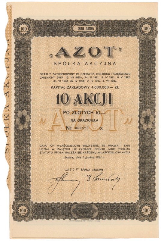 'Azot' Sp. Akc., Em.1, 10x 10 zł 1927
 
Reference: IBAP #530, Koziorowski 51-9...