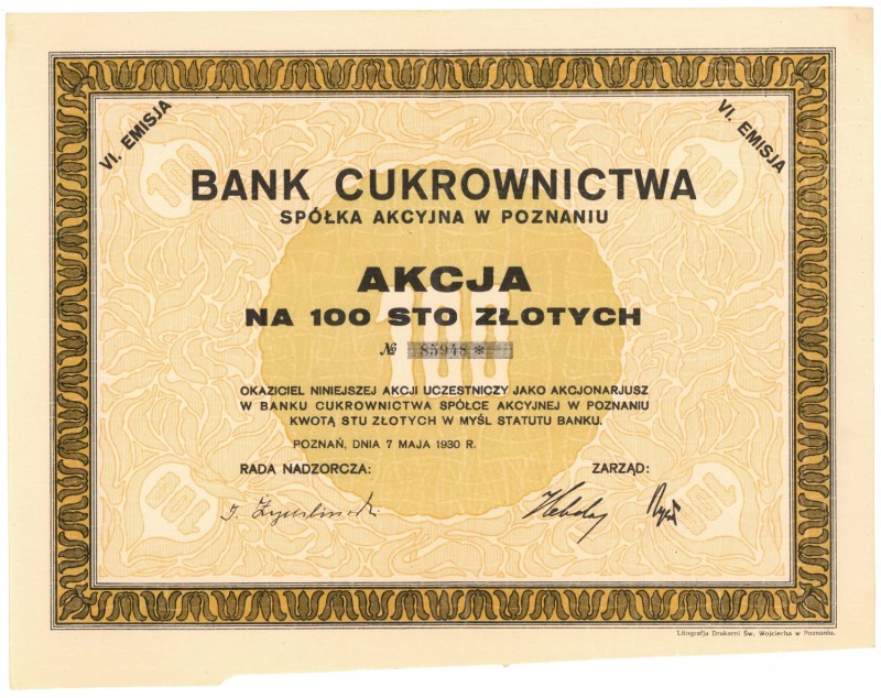 Bank Cukrownictwa w Poznaniu, Em.6, 100 zł 1930
 
Reference: IBAP #1132, Kozio...