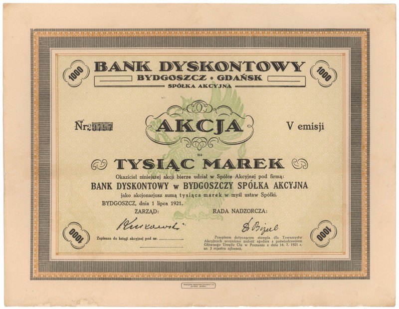 Bank Dyskontowy w Bydgoszczy, Em.5, 1.000 mkp 1921
 
Reference: IBAP #1367, Ko...