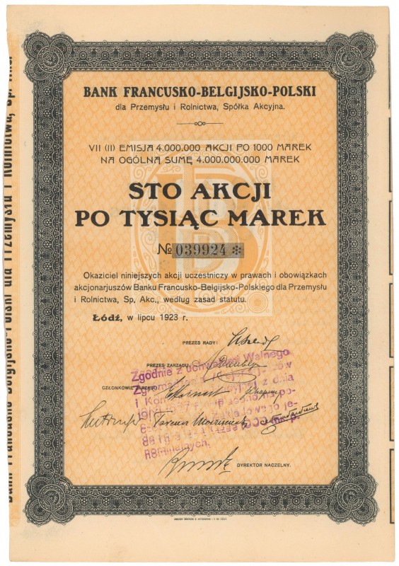 Bank Francusko-Belgijsko-Polski, Em.7, 10x 100x 1.000 mk 1923
 
Reference: IBA...