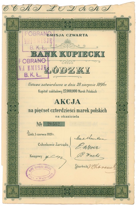 Bank Kupiecki Łódzki, Em.4, 540 mkp 1920
 
Reference: IBAP #1174, Koziorowski ...