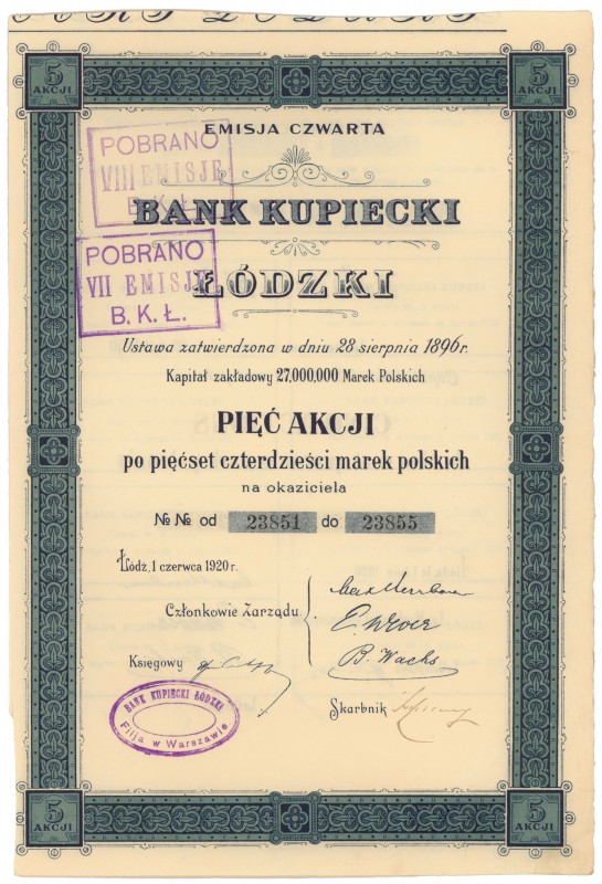 Bank Kupiecki Łódzki, Em.4, 5x 540 mkp 1920
 
Reference: IBAP #1175, Koziorows...