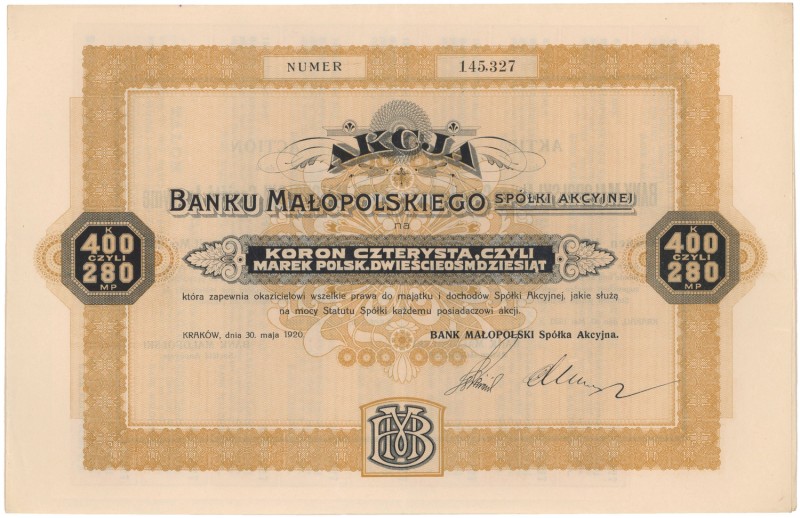 Bank Małopolski, 400 kr 05.1920
 
Reference: IBAP #1179, Koziorowski 77-3, Nie...