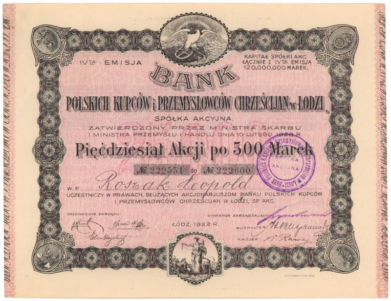 Bank Polskich Kupców i Przemysłowców Chrześcijan w Łodzi, Em.4, 50x 500 mkp 1922...