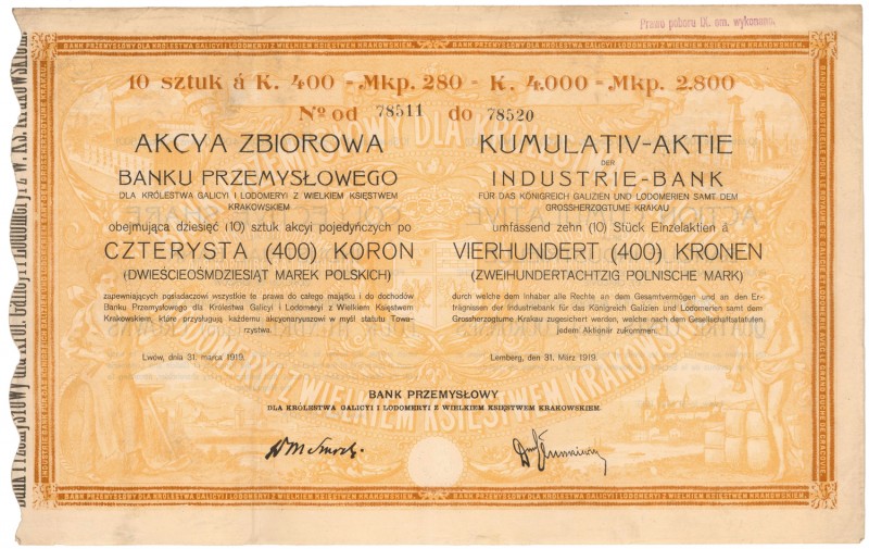 Bank Przemysłowy dla Królestwa Galicyi i Lodomeryi, 10x 400 kr 1919
 
Referenc...