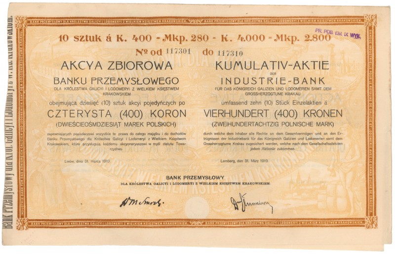 Bank Przemysłowy dla Królestwa Galicyi i Lodomeryi, 10x 400 kr 1919
 
Referenc...