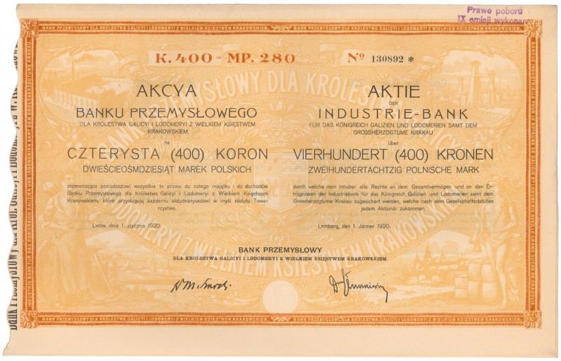 Bank Przemysłowy dla Królestwa Galicyi i Lodomeryi, 400 kr 1920
 
Reference: I...