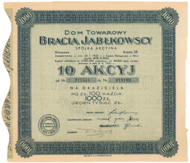 Dom Towarowy 'Bracia Jabłkowscy', 10x 100 zł
 
Reference: IBAP - nienotowana, ...