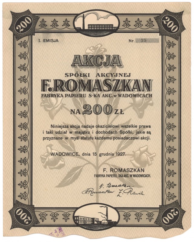 'F. Romaszkan' Fabryka Papieru w Wadowicach, Em.1, 200 zł 1927
 
Reference: IB...