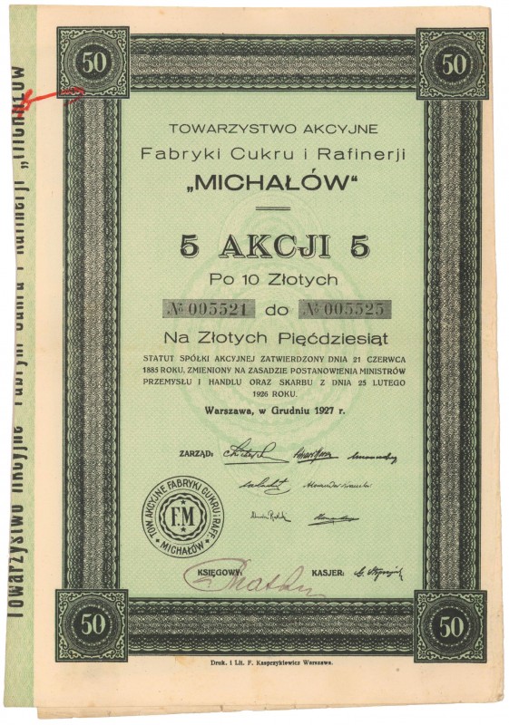 Fabryka Cukru i Rafinerji 'Michałów', 5x 10 zł 1927
 
Reference: IBAP #2574, K...