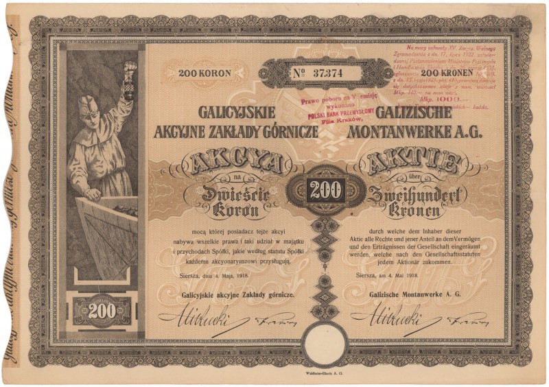 Galicyjskie Zakłady Górnicze, 200 kr 1918
 
Reference: IBAP #1038, Koziorowski...