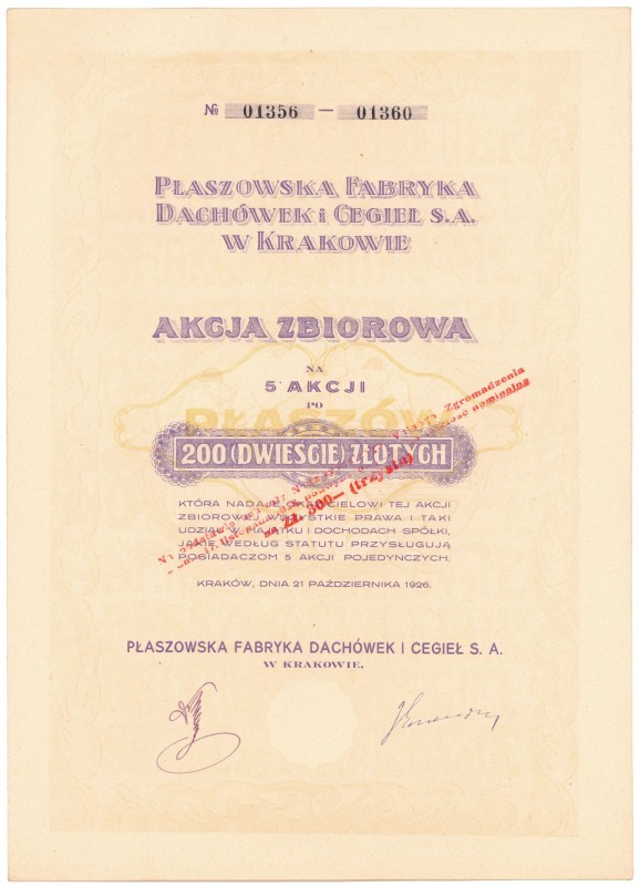 Płaszowska Fabryka Dachówek i Cegieł , 5x 200 zł 1926 - przewalutowana
 Przewal...