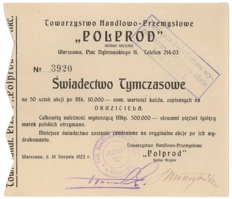 'Polprod', Świadectwo tymczasowe 50x 10.000 mkp 1923
 
Reference: IBAP #1462, ...