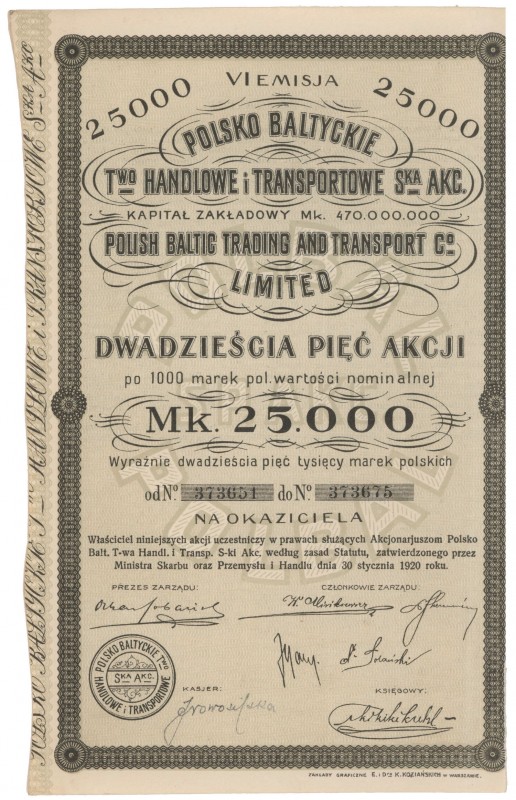 Polsko Baltyckie Tow. Handlowe i Transportowe, Em.6, 25x 1.000 mk 1922
 
Refer...