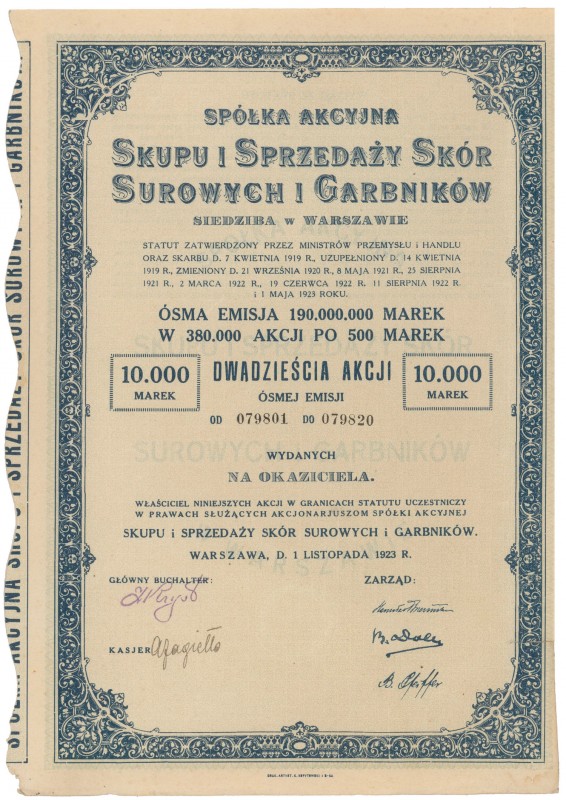 Spółka Akc. Skupu i Sprzedaży Skór Surowych i Garbników, Em.8, 20x 500 mkp 1923...