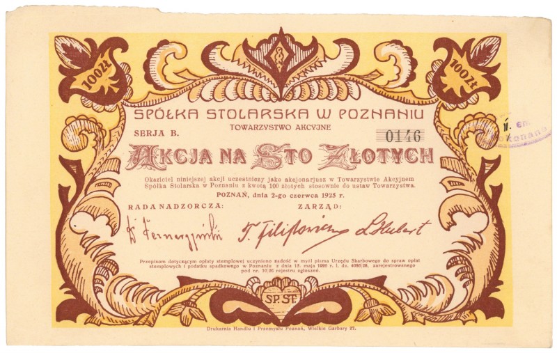 Spółka Stolarska w Poznaniu Tow. Akc., 100 zł 1925
 
Reference: IBAP #1272, Ko...