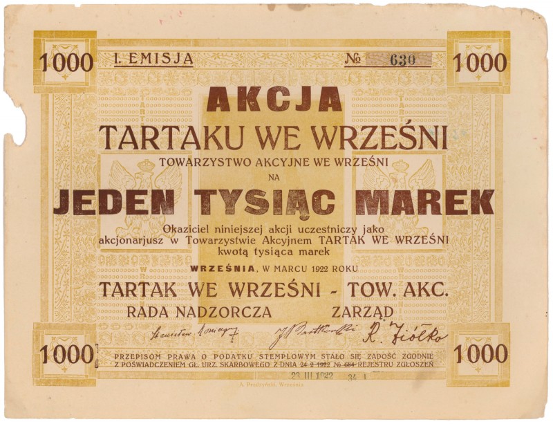 Tartak we Wrześni, Em.1, 1.000 mkp 1922
 
Reference: IBAP #1381, Koziorowski 1...