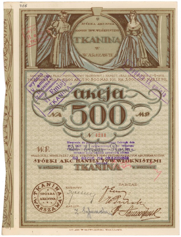 'Tkanina' Sp. Akc. w Warszawie, Em.1, 500 mkp
 
Reference: IBAP #811, Koziorow...