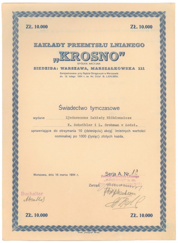 Zakłady Przemysłu Lnianego 'Krosno', Świadectwo tymczasowe 10x 1.000 zł 1934
 ...