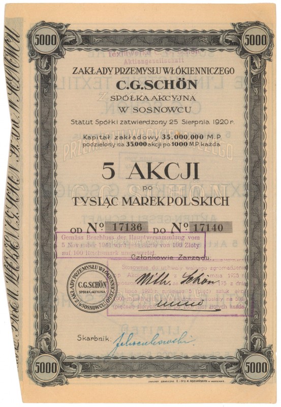 Zakłady Przemysłu Włókienniczego 'C. G. Schön', 5x 1.000 mkp 1920
 
Reference:...