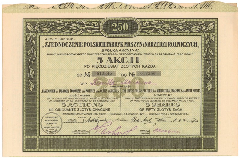 Zjednoczenie Polskich Fabryk Maszyn i Narzędzi Rolniczych, 5x 50 zł 1921
 
Ref...