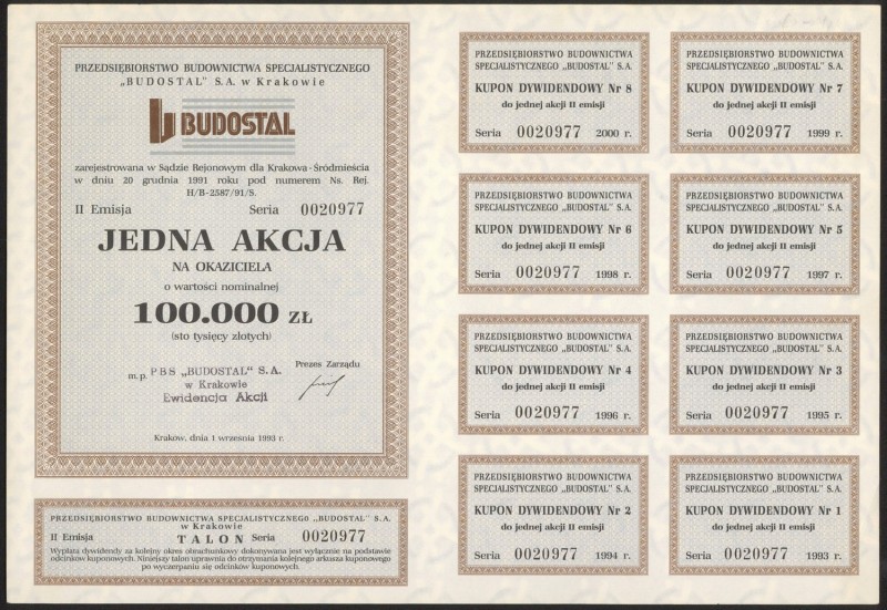 'BUDOSTAL', Em.2, 100.000 zł 1993
 Wymiary: 29 x 20 cm.