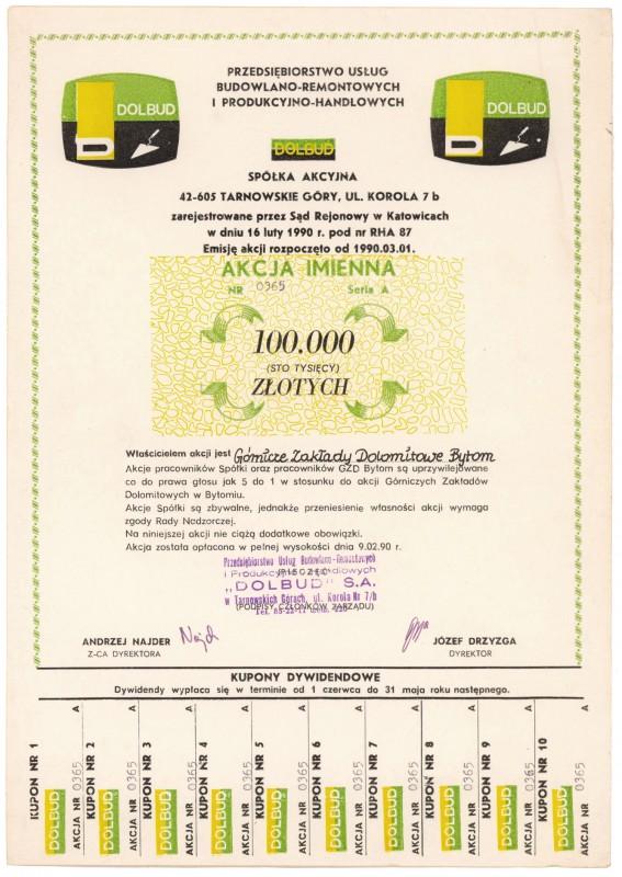 'DOLBUD' Przedsiębiorstwo Usług Budowlano-Remontowych..., 100.000 zł 1990
 Wymi...