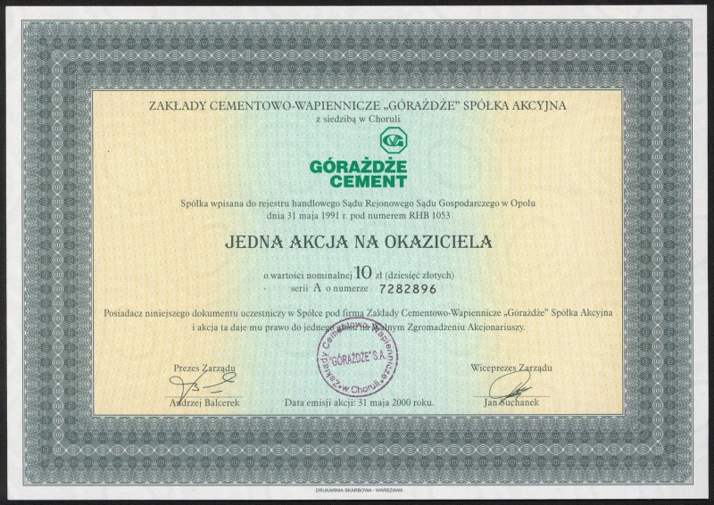 'GÓRAŻDŻE' Zakłady Cementowo-Wapiennicze, 10 zł 2000
 Wymiary: 21 x 14.5 cm....