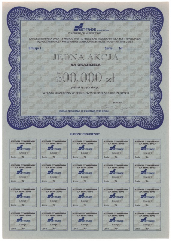 'NET-TRADE' w Warszawie, Em.1, 500.000 zł 1993 - blankiet
 Blankiet. Wymiary: 2...