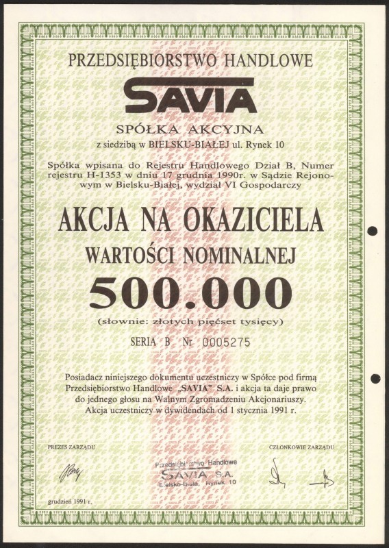 'SAVIA' Przedsiębiorstwo Handlowe, 500.000 zł 1991 - na okaziciela
 Wymiary: 21...