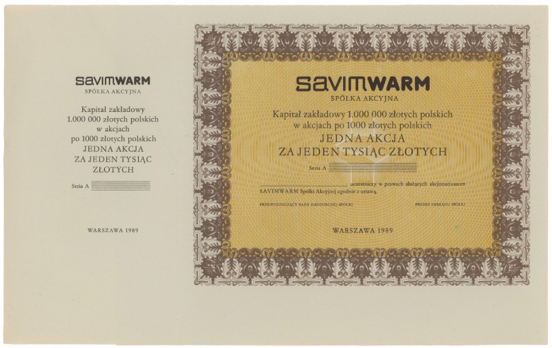 'SAVIMWARM', 1.000 zł 1989 - blankiet
 Blankiet. Wymiary: 33 x 21 cm.