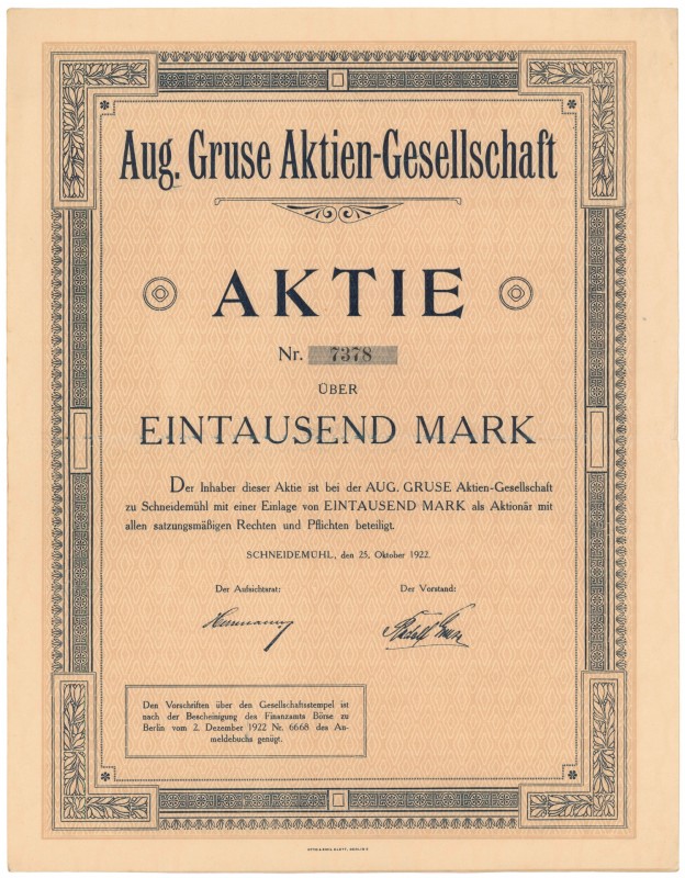 Schneidemühl (Piła), Aug. Gruse Aktien-Gesellschaft, 1.000 mk 1922