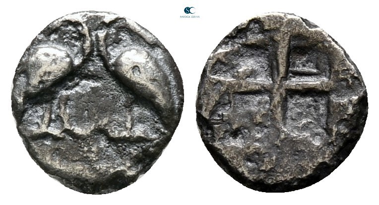 Macedon. Eion circa 480-470 BC. 
Hemiobol AR

8 mm., 0,34 g.

Two swans con...